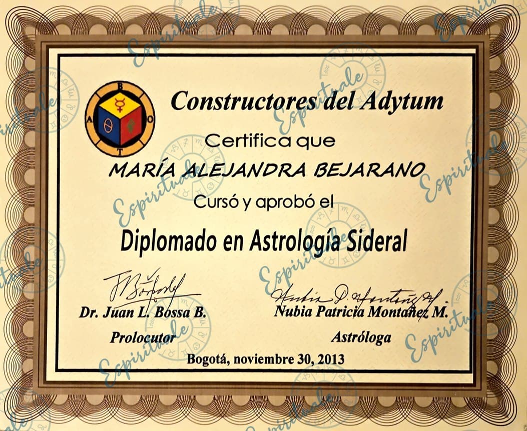 Diploma Siderische Astrologie van The Builders of the Adytum, Bogotá 2013